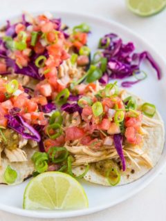 Instant Pot Shredded Chicken Tacos with pico de gallo and cabbage slaw