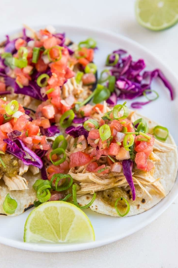 Instant Pot Shredded Chicken Tacos with pico de gallo and cabbage slaw