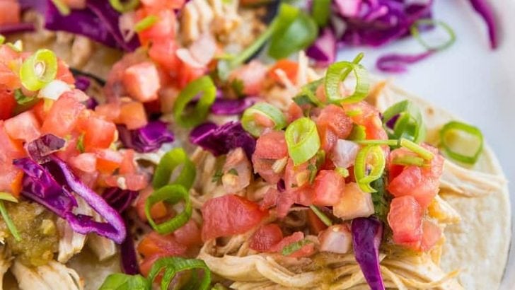 Instant Pot Shredded Chicken Tacos with pico de gallo and cabbage slaw