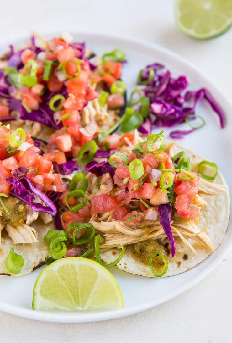 Instant Pot Shredded Chicken Tacos with pico de gallo and cabbage slaw