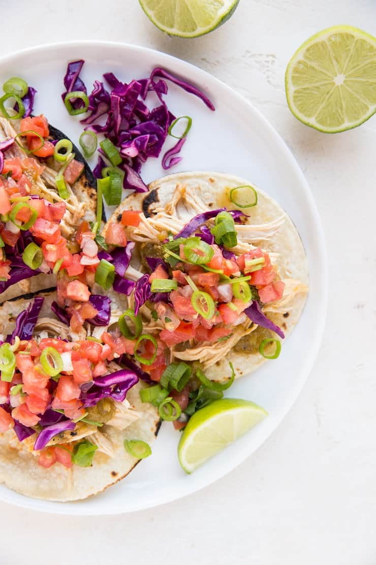 Instant Pot Shredded Chicken Tacos with pico de gallo and cabbage slaw