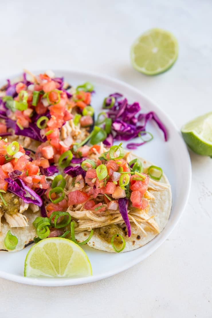 Instant Pot Shredded Chicken Tacos with pico de gallo and cabbage slaw