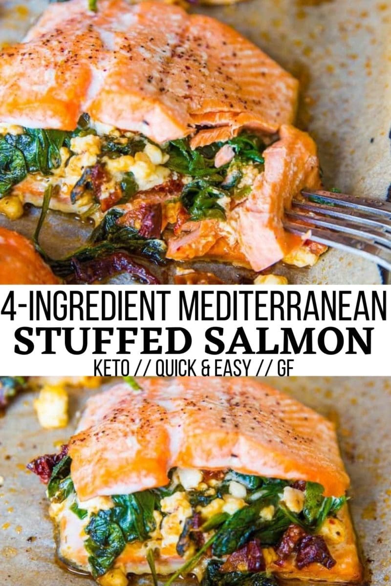 4-Ingredient Mediterranean Stuffed Salmon - an easy paleo, keto dinner recipe that is absolutely delicious and worthy of putting on repeat