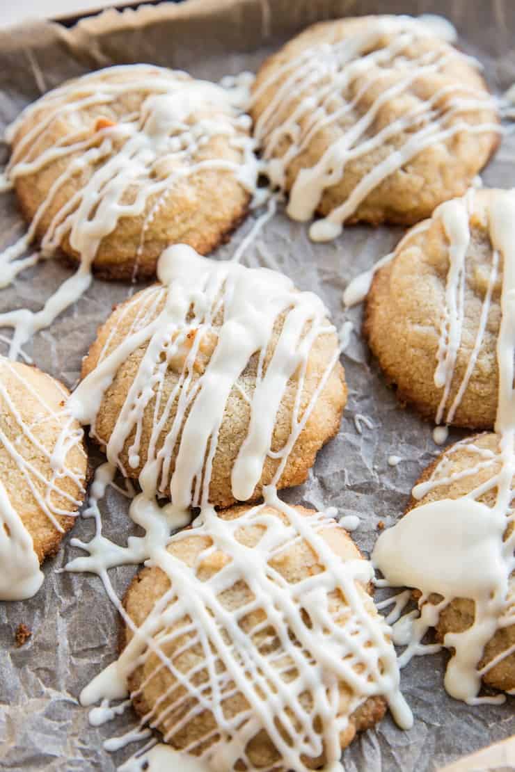 Tray of Macadamia Nut Cookies with white chocolate drizzle