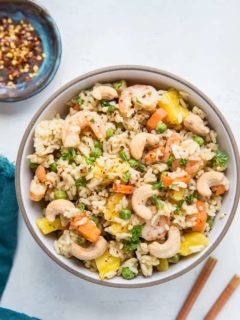 bowl of pineapple fried rice with shrimp and cashews