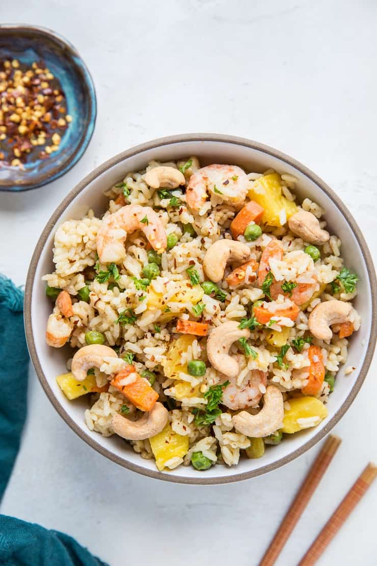 bowl of pineapple fried rice with shrimp and cashews
