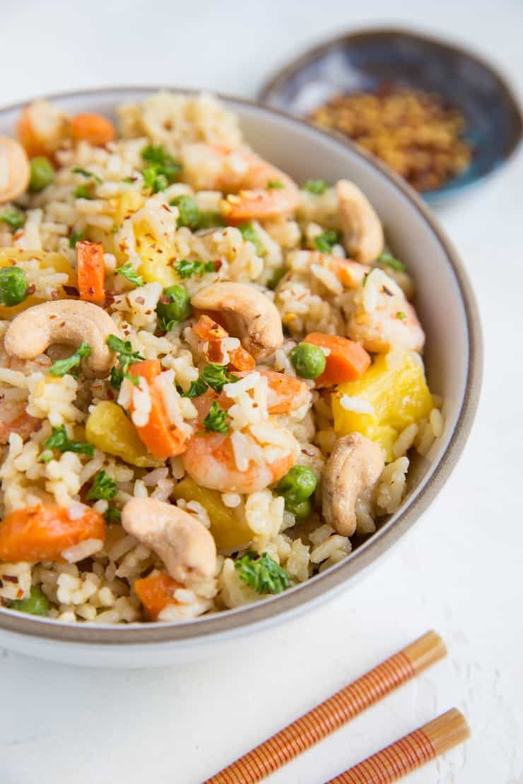 close up photo of pineapple fried rice with shrimp