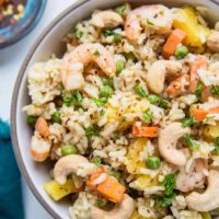 Big bowl of pineapple fried rice with shrimp