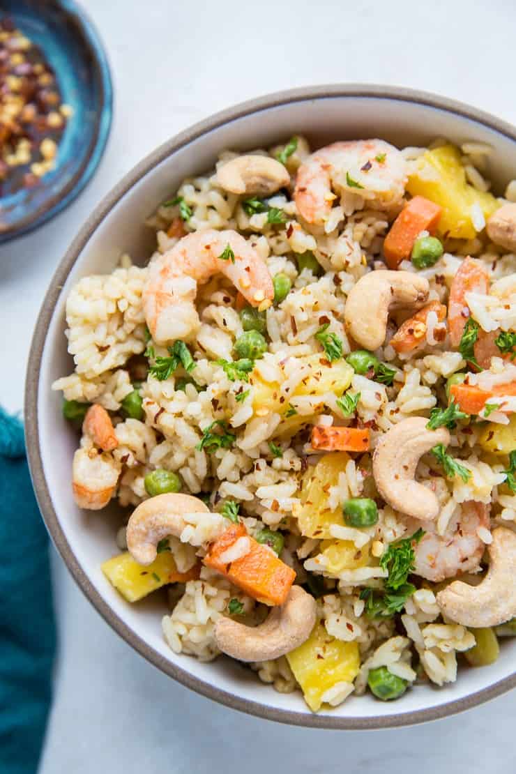 Big bowl of pineapple fried rice with shrimp