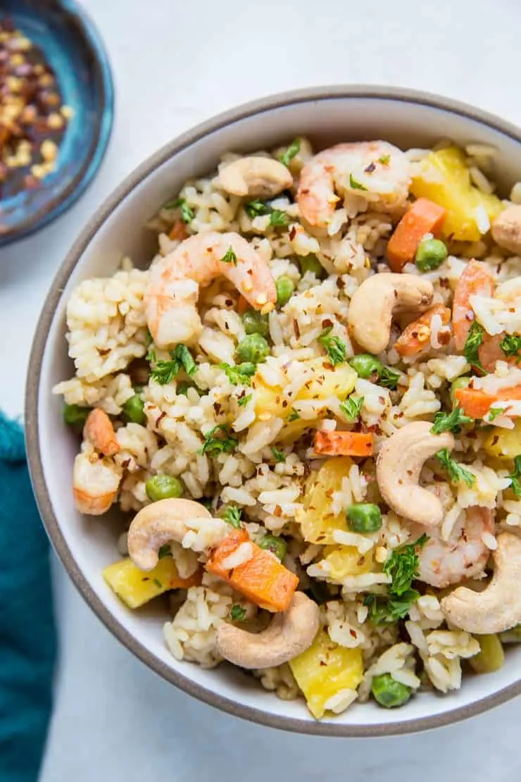 Big bowl of pineapple fried rice with shrimp