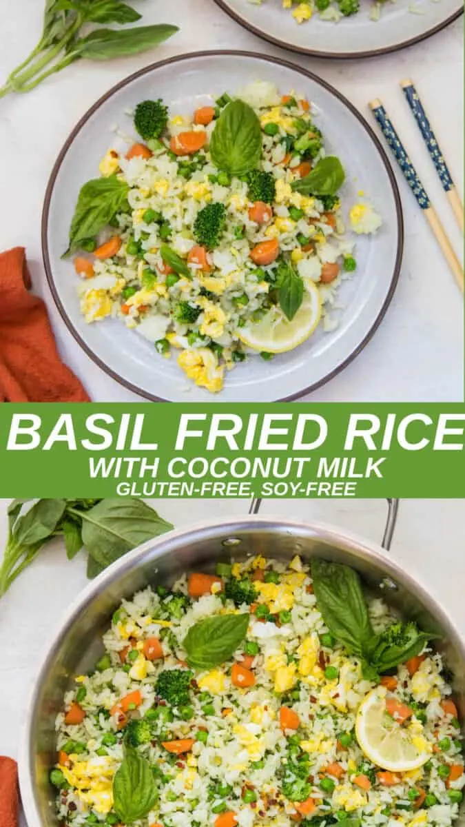 Collage of two images of basil fried rice