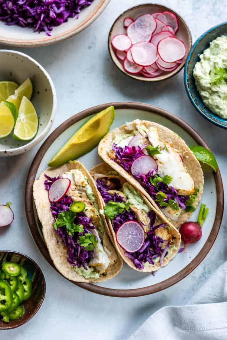 Fish Tacos with Avocado Cilantro Sauce