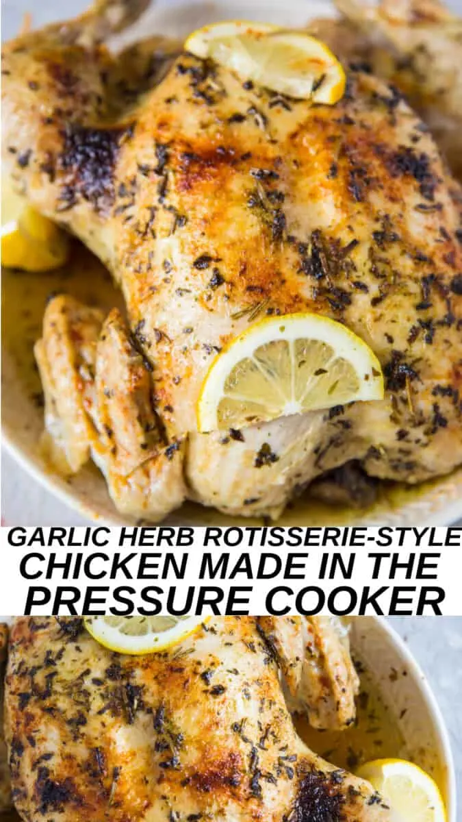Instant Pot Garlic Herb Rotisserie Chicken is a perfectly moist and tender whole body chicken recipe prepared in the Instant Pot in 1 hour from start to finish! Make it a part of your weekly meal prep routine! #paleo #keto #whole30 #lowcarb