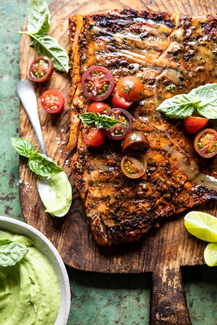 Honey Mustard Grilled Salmon with Avocado Basil Sauce