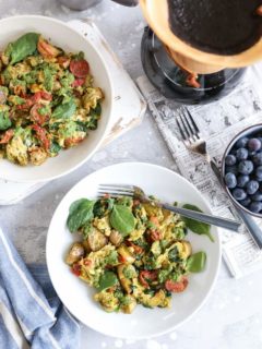 Pesto Spinach Sun-Dried Tomato Breakfast Scramble - a nutritious vegetarian breakfast recipe - paleo, gluten-free, healthy