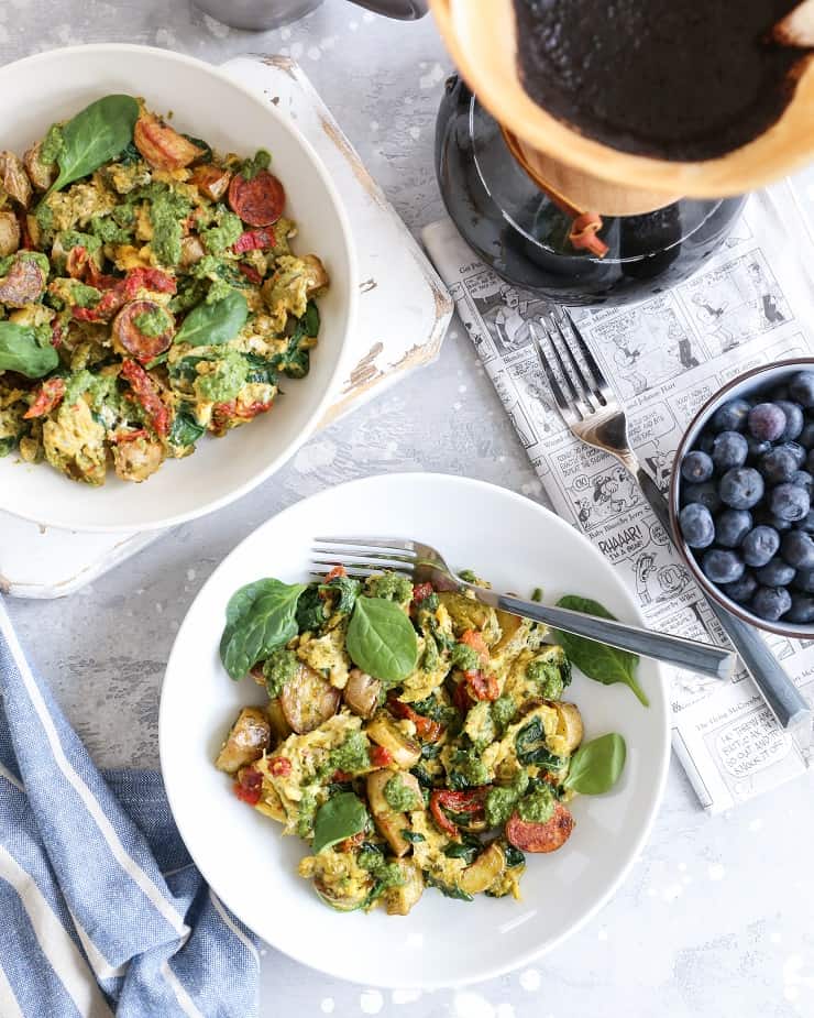 Pesto Spinach Sun-Dried Tomato Breakfast Scramble - a nutritious vegetarian breakfast recipe - paleo, gluten-free, healthy