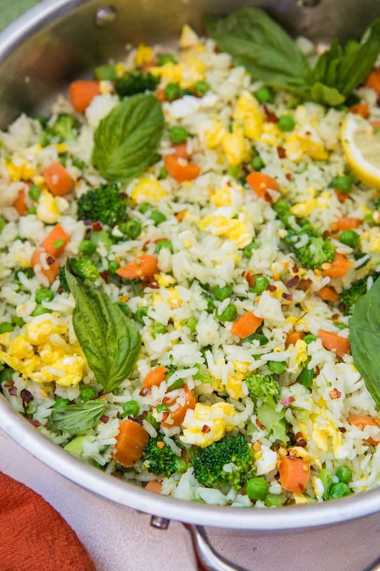 Close up skillet of basil fried rice