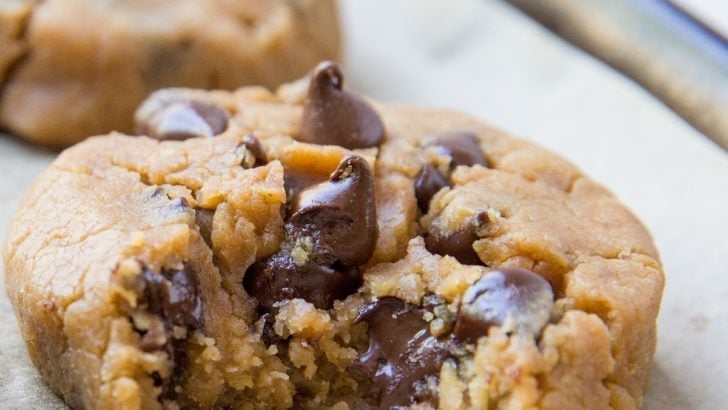 Close up of a peanut butter chocolate chip cookie with a bite taken out with gooey chocolate visible.