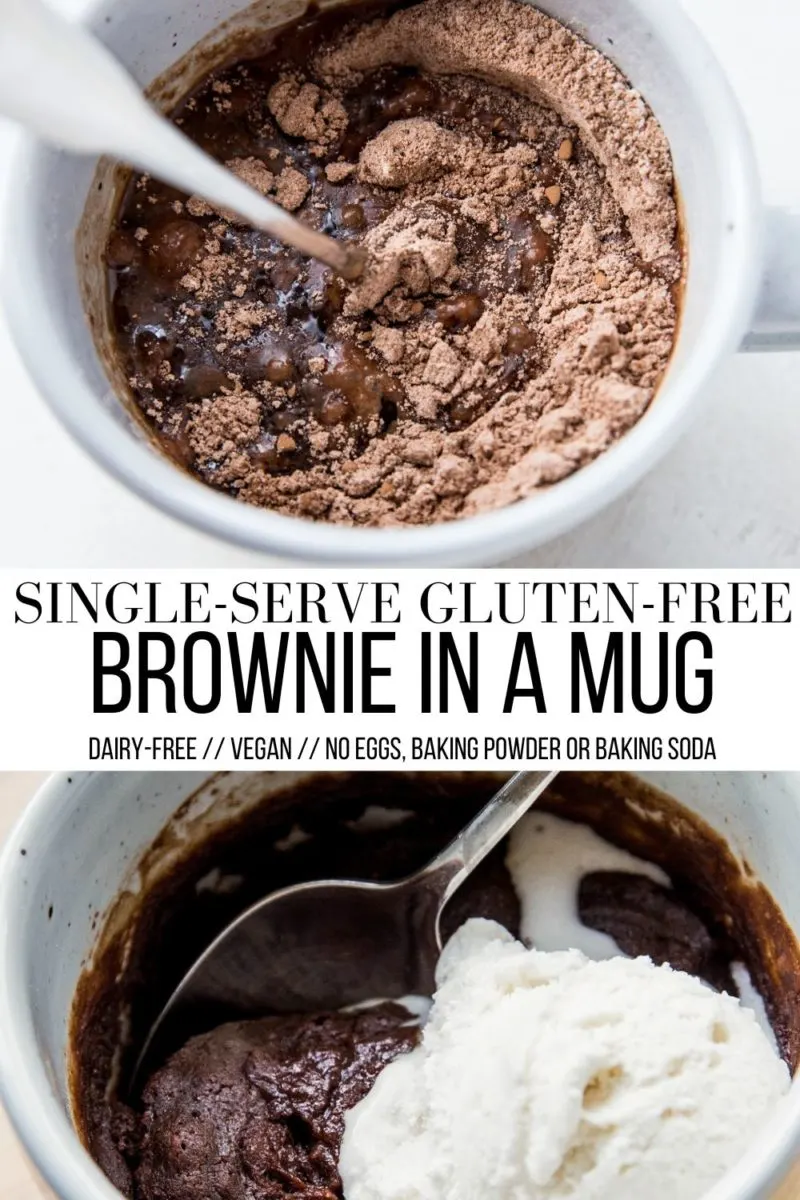 Moist, rich, fudgy Gluten-Free Mug Brownie made with only 4 ingredients! This basic brownie recipe takes less than 5 minutes to make, and is an incredible vegan single-serve dessert. No eggs, dairy, baking powder, or baking soda required!
