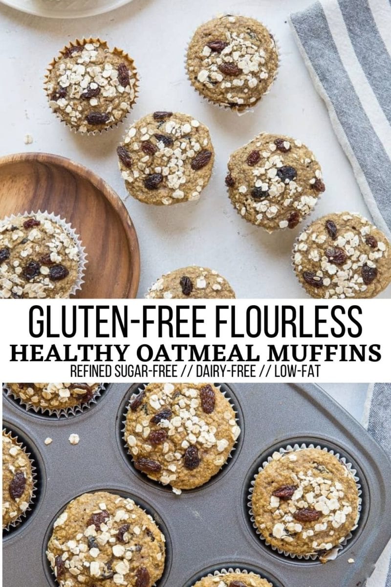 Gluten-free oatmeal raisin muffins made with no added flour. These rolled oat muffins are prepared in a blender, are dairy-free, refined sugar-free and easy to make!