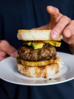 Rice Bun Burgers (teriyaki burgers with pineapple and avocado on rice buns)