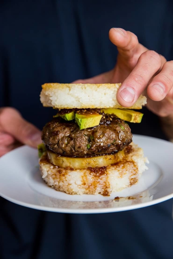 Rice Bun Burgers (teriyaki burgers with pineapple and avocado on rice buns)