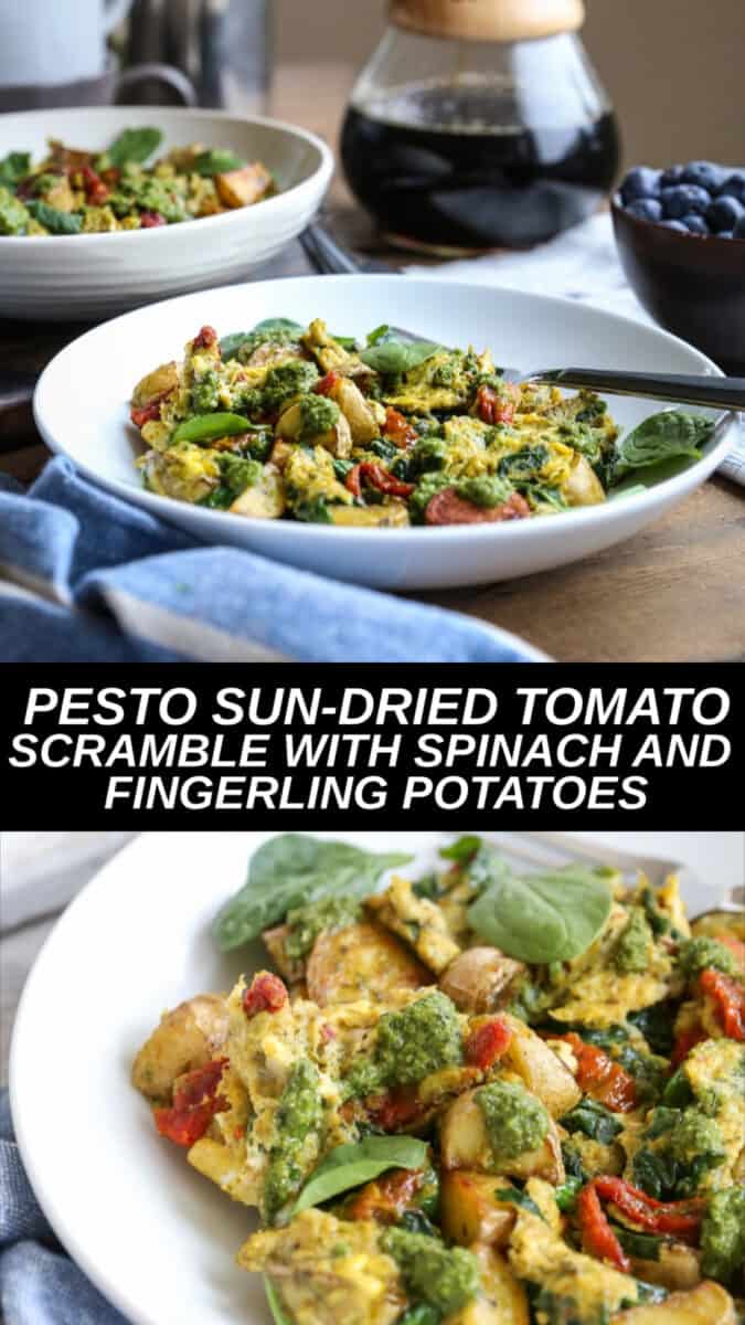 COLLAGE OF TWO IMAGES OF PESTO SUN DRIED TOMATO SPINACH SCRAMBLE