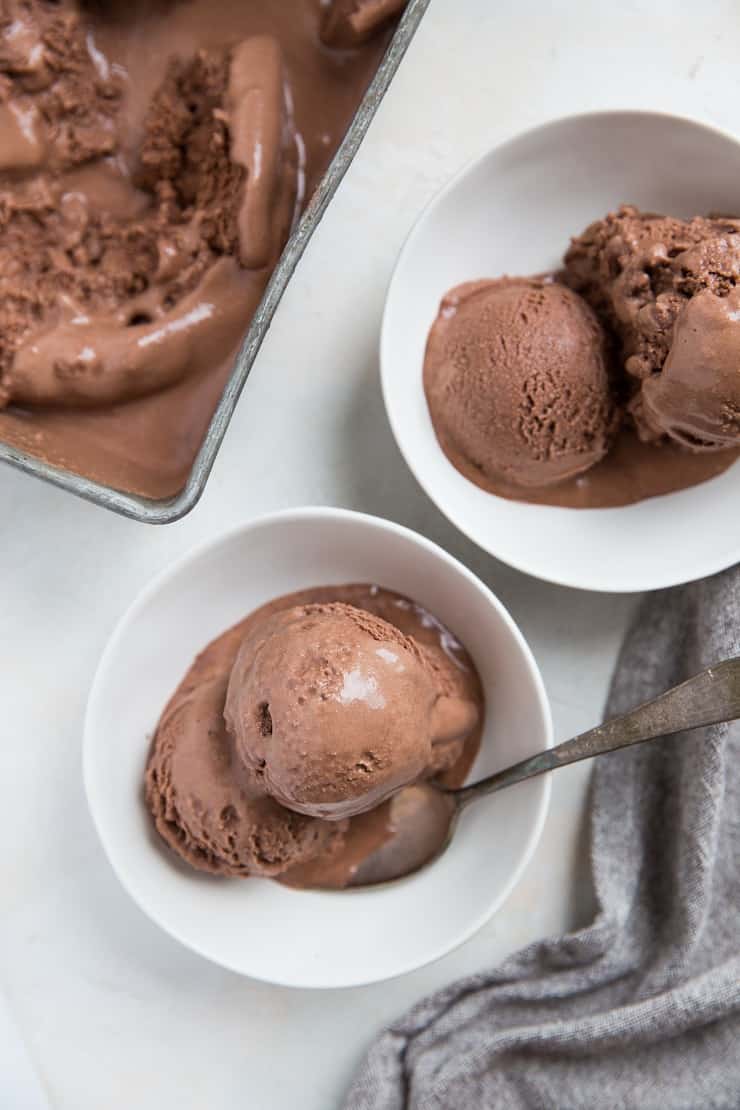 top down photo on white backdrop of two bowls of chocolate ice cream