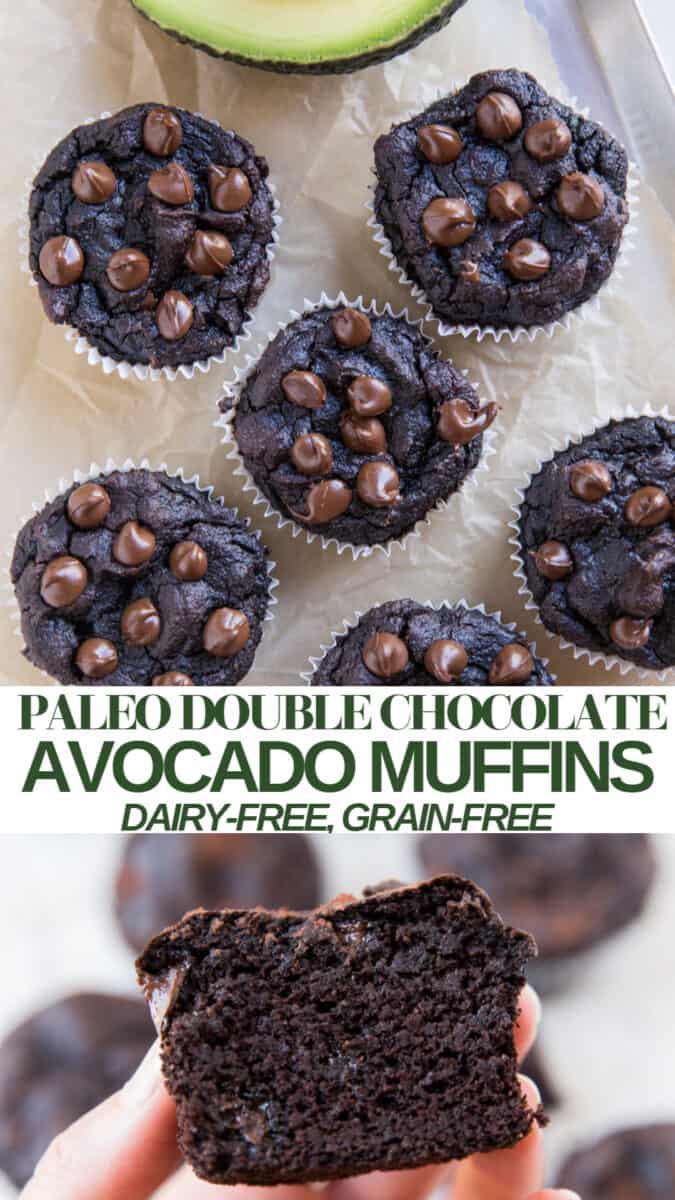 Grain-free Avocado Chocolate Muffins made with coconut flour, ripe avocados, coconut sugar, and cocoa powder are a gluten-free moist and fudgy treat! Plus, they are paleo friendly and can easily be made keto.