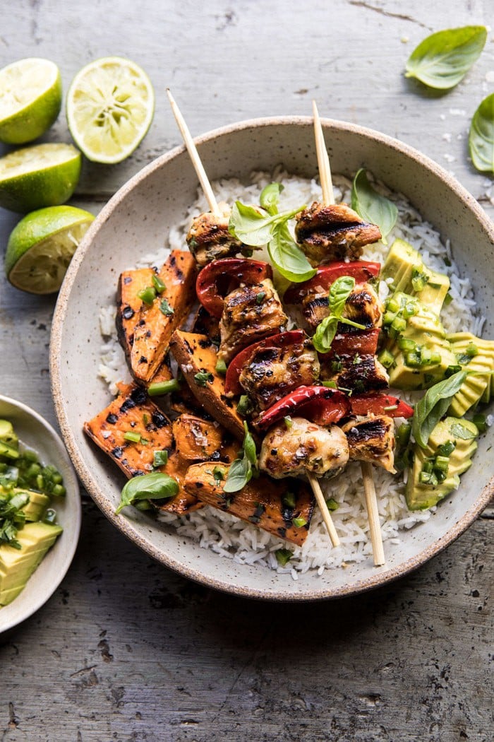 Grilled Chili Honey Lime Chicken and Sweet Potatoes with Avocado Salsa