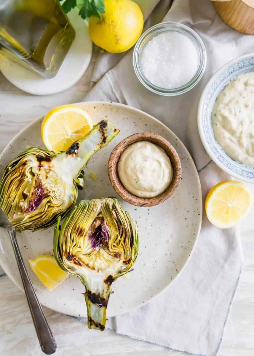 Grilled Artichokes with Lemon Tahini Sauce