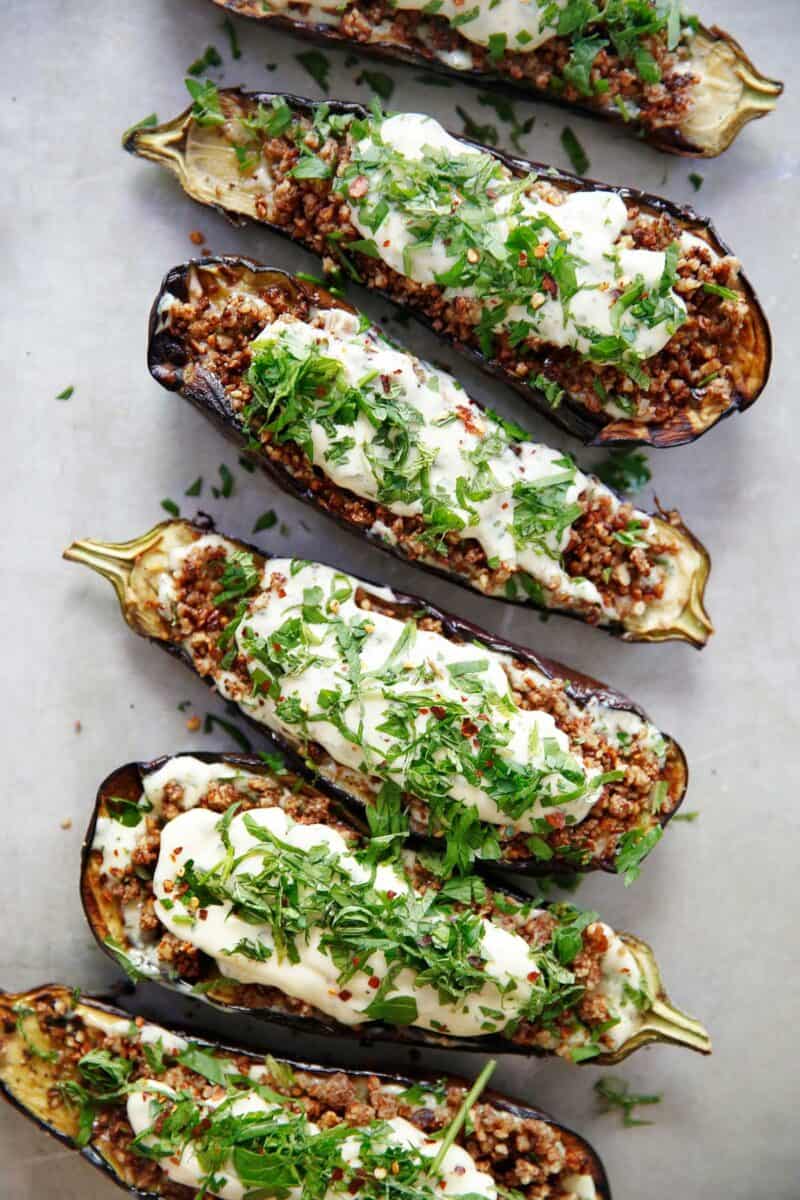 Loaded Grilled Eggplant with Creamy Herb Sauce