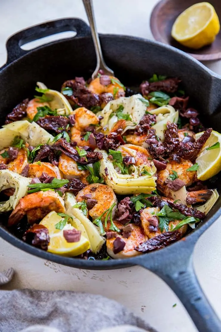 20-Minute Mediterranean Shrimp Skillet with Sun-Dried Tomatoes and Artichoke Hearts - an easy low-carb dinner recipe.