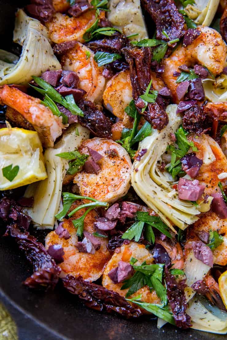 Easy Mediterranean Shrimp Skillet comes together in less than 30 minutes - paleo, keto, whole30