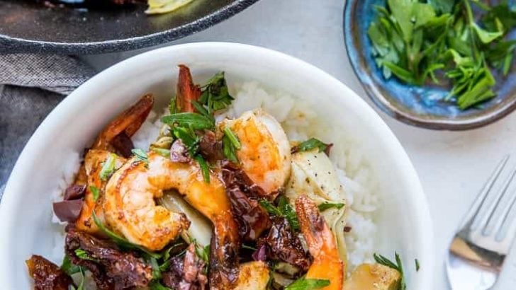 Mediterranean Shrimp Skillet with 8 basic ingredients, ready in 30 minutes!