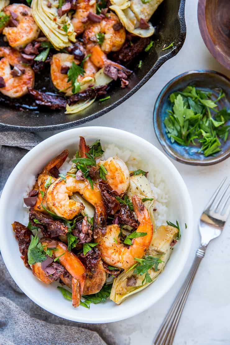 One-Skillet Mediterranean Shrimp with Sun-Dried Tomatoes and Artichoke Hearts - paleo, keto, low-carb, whole30