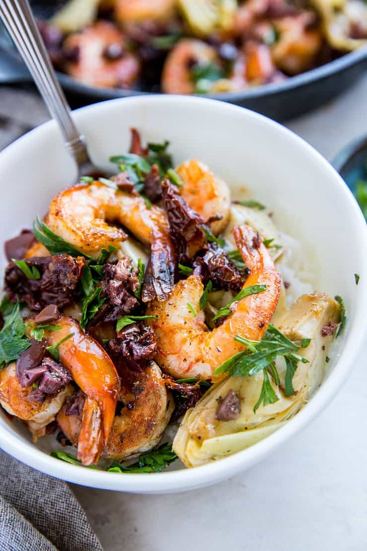 One-Skillet Mediterranean Shrimp with Sun-Dried Tomatoes and Artichoke Hearts - paleo, keto, low-carb, whole30