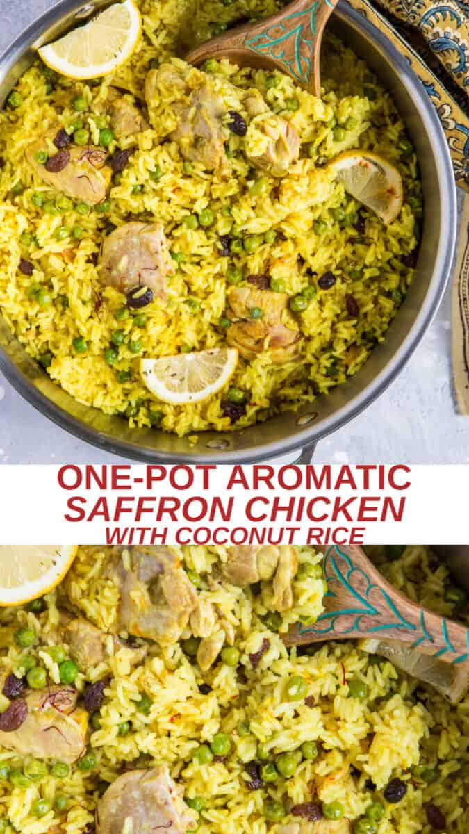 One-Pot Saffron Chicken with Coconut Rice - an easy, delicious fusion recipe requiring minimal prep or cleanup!