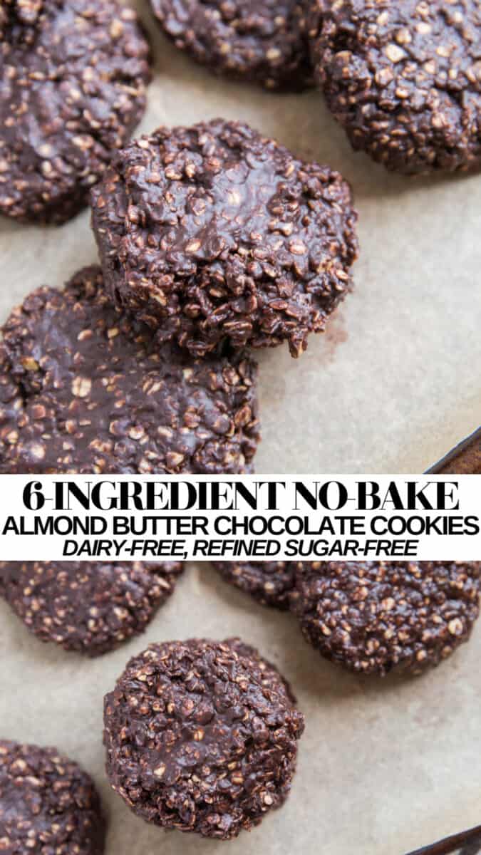 6-Ingredient No-Bake Almond Butter Chocolate Cookies with oats - dairy-free, refined sugar-free, healthy and delicious!