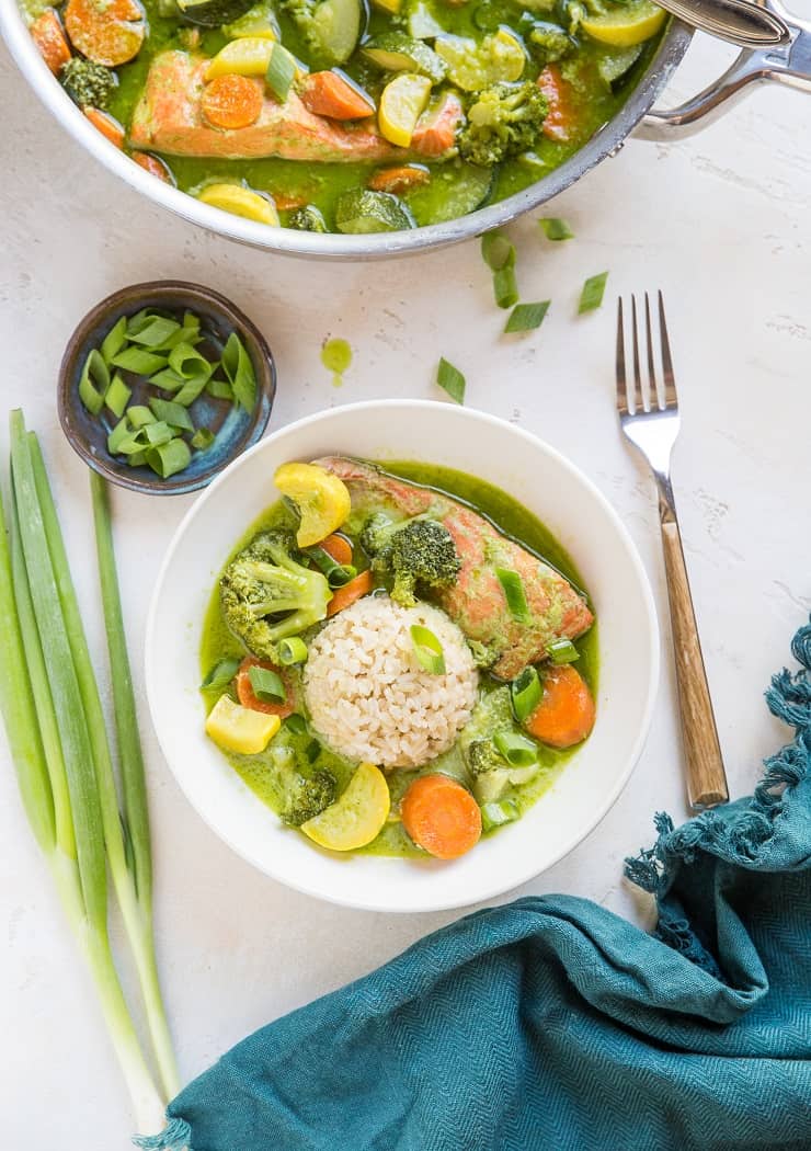 Nightshade-Free AIP Green Thai Curry with salmon and vegetables - an easy low-inflammatory curry recipe