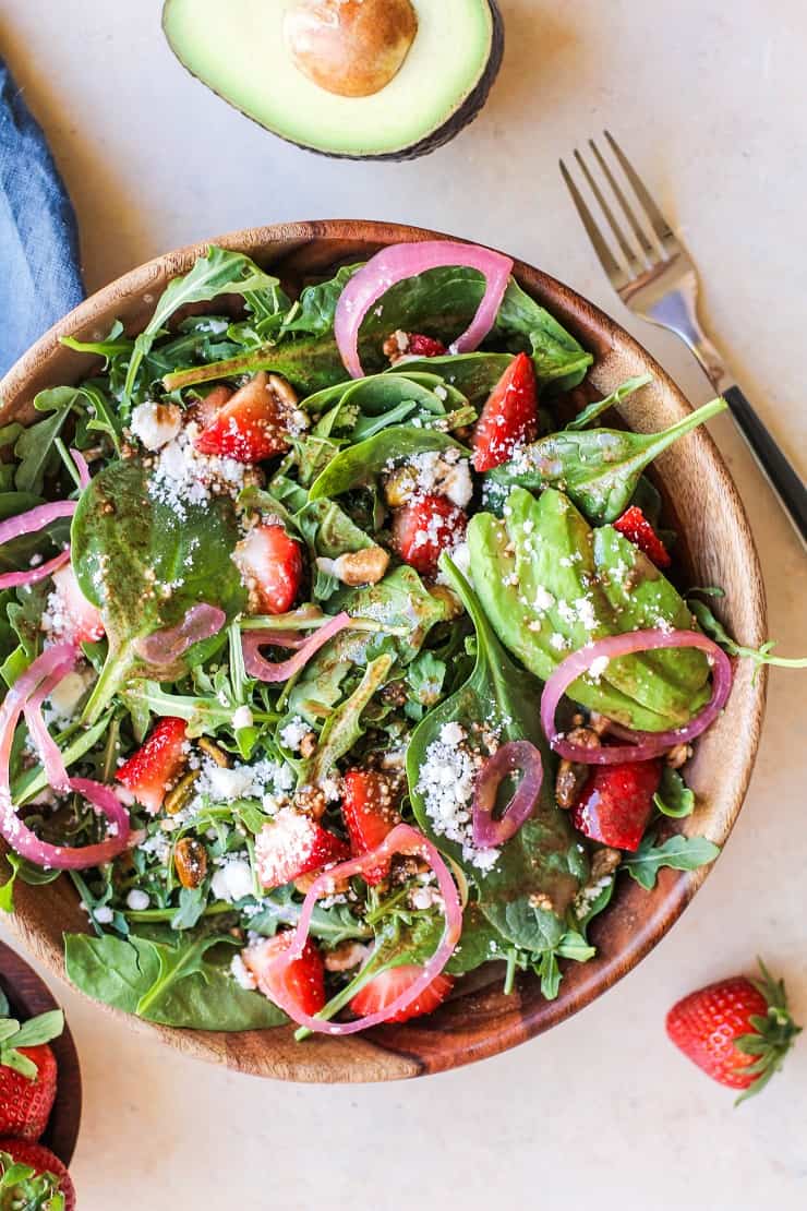 Strawberry Salad with pickled onions, feta, and strawberry vinaigrette