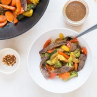 bowl of beef stir fry with wok