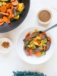 bowl of beef stir fry with wok