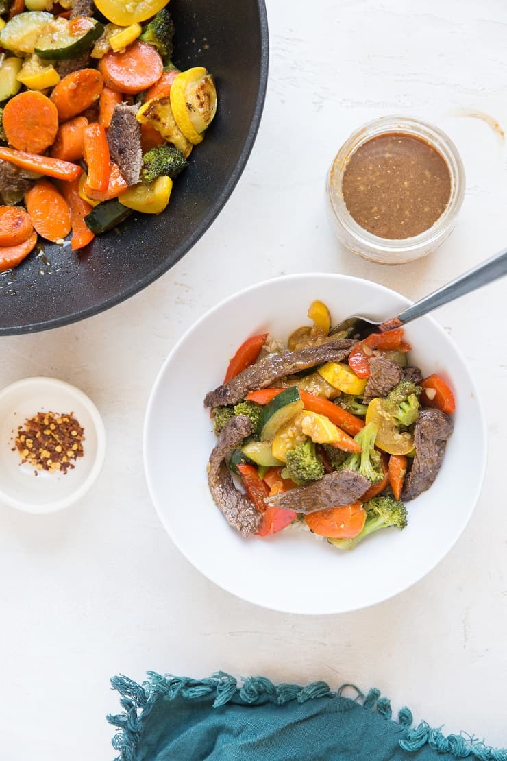 bowl of beef stir fry with wok
