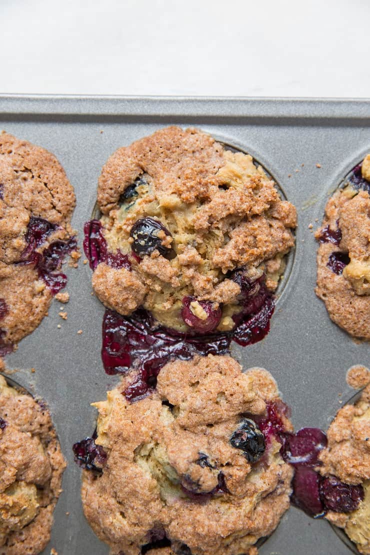 Blueberry Sourdough Muffins in a muffin tray