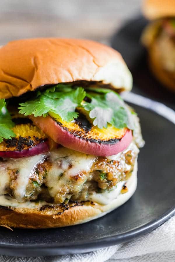 Cheesy Grilled Peach Jalapeno Turkey Burgers