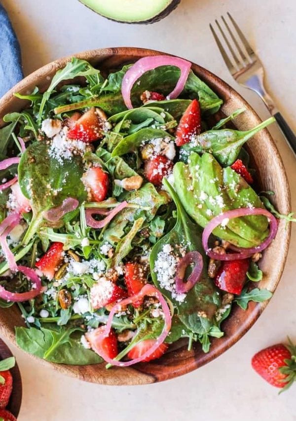 Strawberry Salad with pickled onions, feta, and strawberry vinaigrette