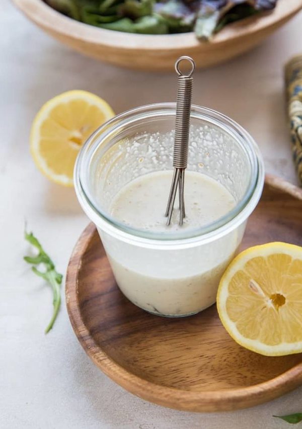 Jar of lemony Caesar Salad Dressing
