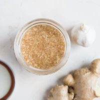 Top down photo of easy stir fry sauce with ginger and garlic next to the jar