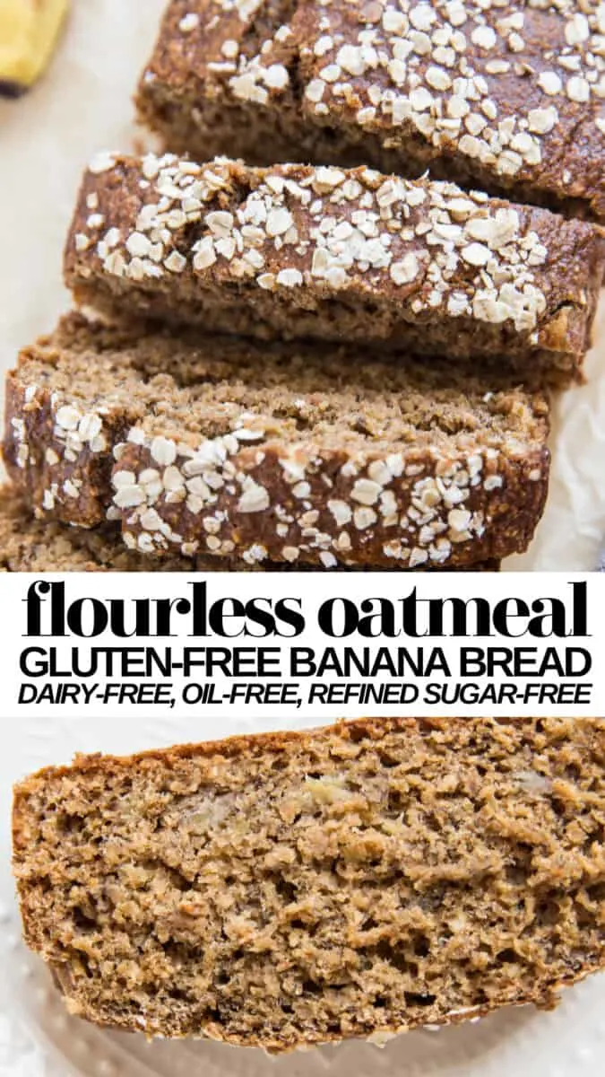 Flourless Oatmeal Banana Bread made oil-free, dairy-free, gluten-free AND refined sugar-free! This healthy banana bread recipe is fun and easy to make using quick oats.